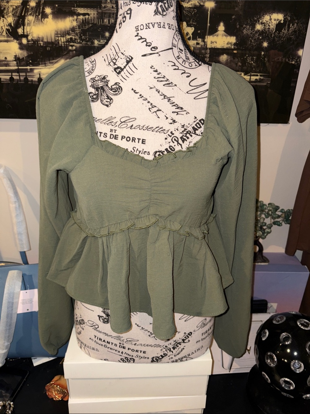 Say anything next medium Olive Green Long-Sleeve Peplum Top smocked at back